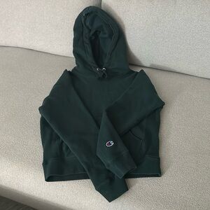 Hunter green champion hoodie minimum strength thick warm fits snug.